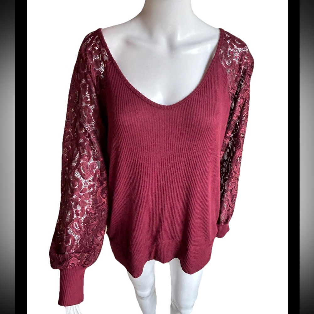 Buckle Daytrip Lace Knit Sweater Womens XL Burgundy Balloon Sleeve Open Back NWT